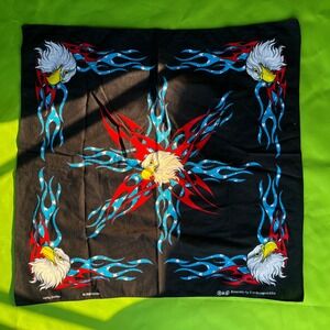 Vintage Bandana USA Eagle Flame Stars Black Cotton 100% Cotton